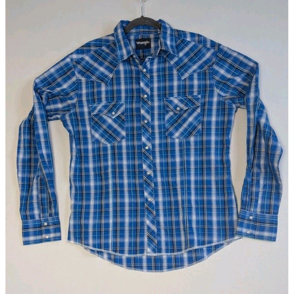 Wrangler Wrancher Men's Blue Plaid Flannel Pearl Snap Button Up Shirt Size Large
